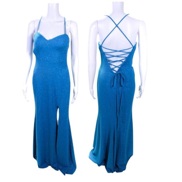 NWT Jovani Marisa Formal Maxi Dress Size 2 Blue Glitter Cutout Gown - Picture 1 of 8